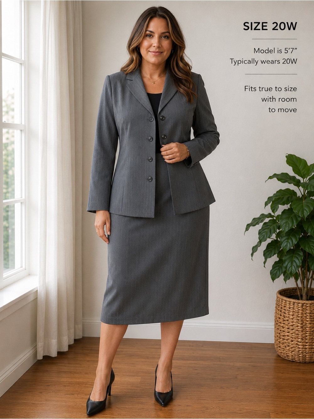 Le Suit Gray Pinstripe Skirt Suit Set 20W Plus Size Career Office